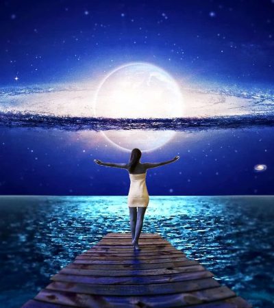 Vibrant digital art of a woman standing on a pier with arms outstretched, facing a cosmic night sky featuring a glowing galaxy and celestial bodies, symbolizing limitless possibilities and inspiration.